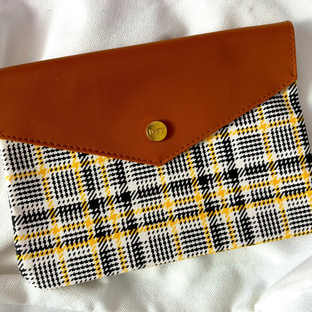 Plaid and Faux Leather Makeup Bag in Yellow/Black/Brown by Ipsy